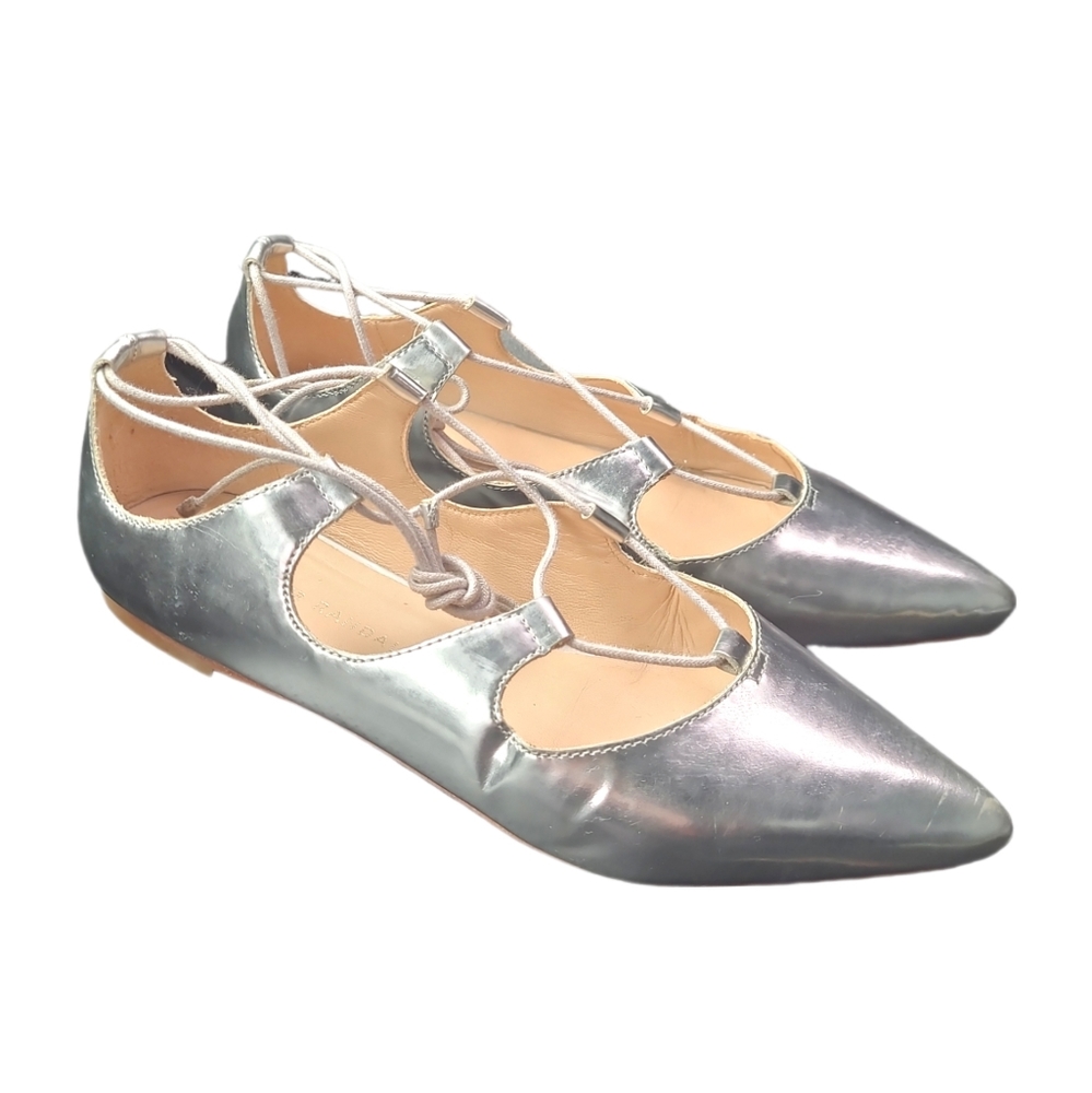 Loeffler Randall Silver Metallic Pointed Lace-Up Flats